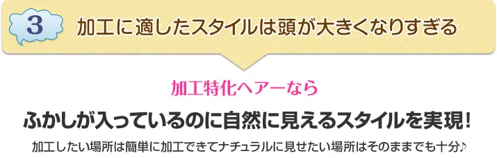 3.加工に適したスタイルは頭が大きくなりすぎる→加工特化ヘアーなら不可視が入っているのに字銭に見えるスタイルを実現!